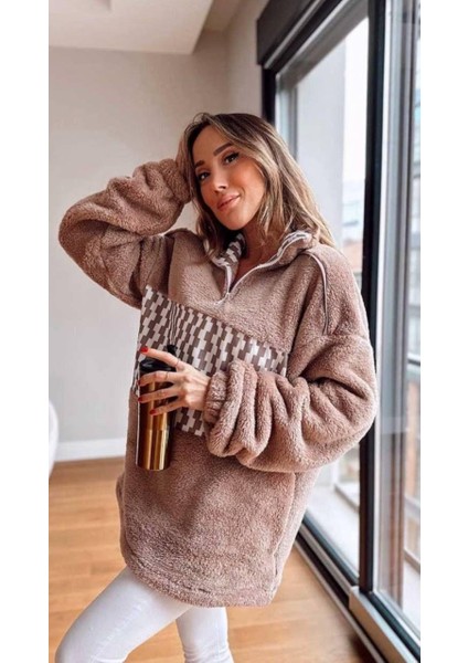 Kadın Dokuma Desenli Peluş Tunik Vizon