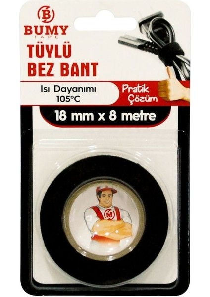 Tüylü Bez Bant Siyah 18 mm x 8 mt