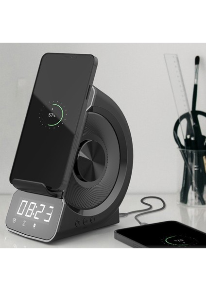 iPhone Için Kablosuz Şarj Aleti Standı Bluetooth Ses Saati (Gri) (Yurt Dışından)