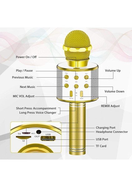 Paket Kablosuz Bluetooth Karaoke Mikrofonu Şarkı Söylemek Için, Altın (Yurt Dışından)