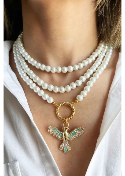 Turkuaz Anka Detaylı Üç Sıra Incili Kolye