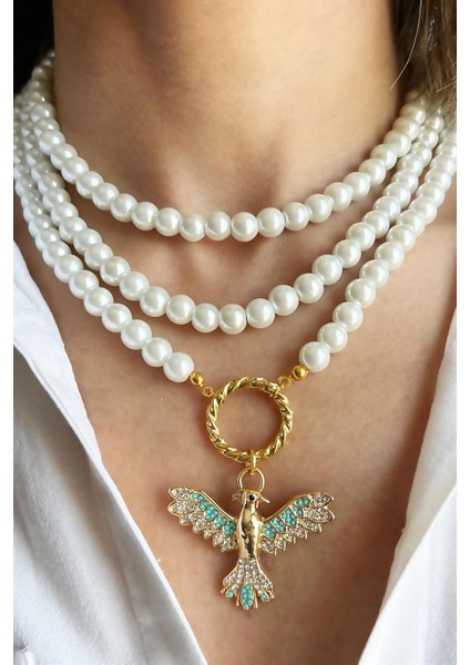 Turkuaz Anka Detaylı Üç Sıra Incili Kolye fiyatları