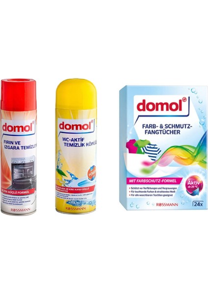 Fırın & Izgara Temizleyici 500 ml + Domol Tuvalet Temizleyici Köpük 500 ml Limon + Renk Ayırıcı Mendil 24’lü