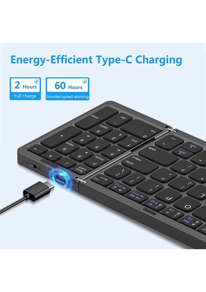 Katlanabilir Bluetooth Klavye, USB Şarj Edilebilir Kablosuz Klavye Siyah (Yurt Dışından)