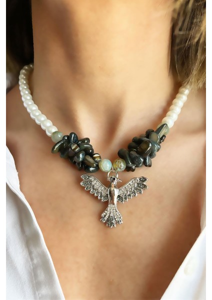 Doğal Akik Taşlı ve Haki Kırık Taşlı Anka Detaylı Inci Kolye
