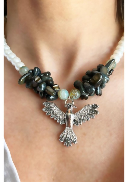 Doğal Akik Taşlı ve Haki Kırık Taşlı Anka Detaylı Inci Kolye fiyatları