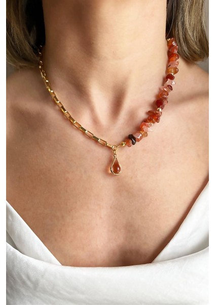 Turuncu Damla Taşlı Kırık Doğal Taşlı Kolye