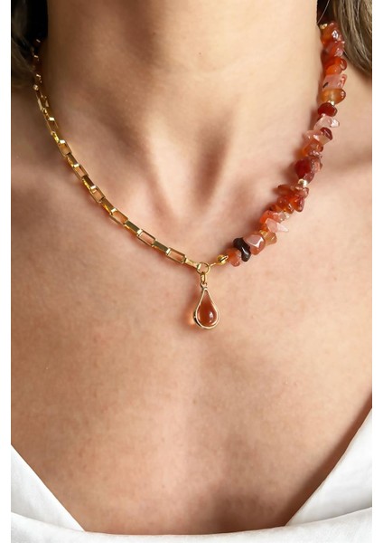 Turuncu Damla Taşlı Kırık Doğal Taşlı Kolye fiyatları