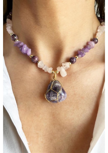 Ametist ve Ceyd Güneş Doğal Taşlı Kırık Taşlı Kolye