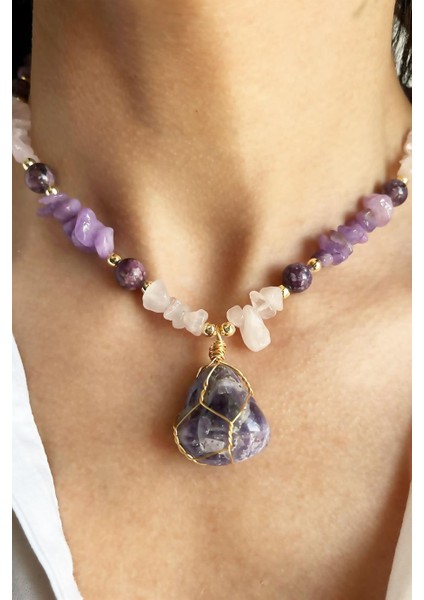 Ametist ve Ceyd Güneş Doğal Taşlı Kırık Taşlı Kolye fiyatları