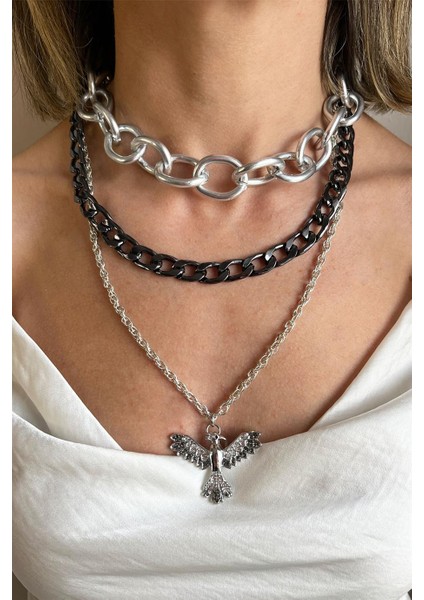 Gri Anka Detaylı Çoklu Zincir Kolye