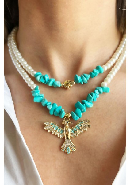 Turkuaz Doğal Kırık Taşlı Anka Detaylı Ikili Inci Kolye