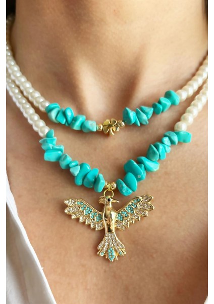 Turkuaz Doğal Kırık Taşlı Anka Detaylı Ikili Inci Kolye fiyatları