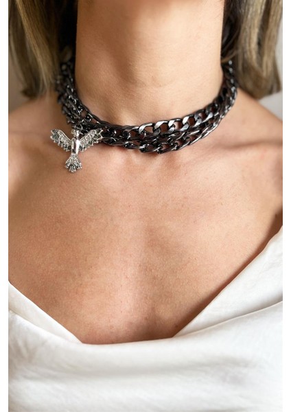 Gri Anka Detaylı Siyah Zincir Choker Kolye