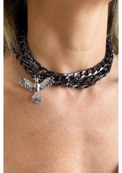 Gri Anka Detaylı Siyah Zincir Choker Kolye fiyatları