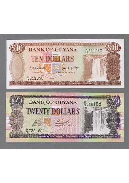 Guyana 10 ve 20 Dollars 2 Adet Çil Banknot