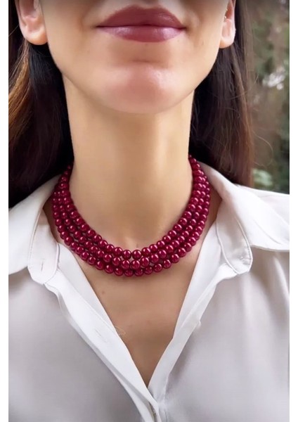 Bordo Üç Sıra Inci Kolye