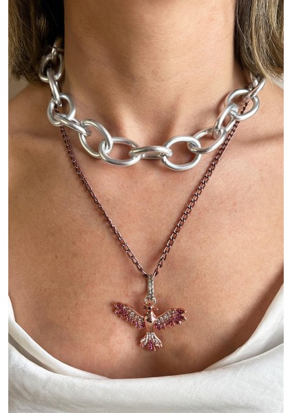Bordo Anka Detaylı İkili Zincir Kolye