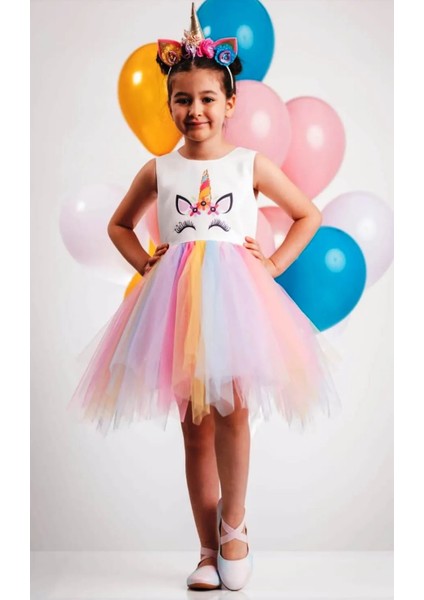Kız Çocuk Abiye Unicorn Baskılı 11 Yaş Beyaz - Renkli