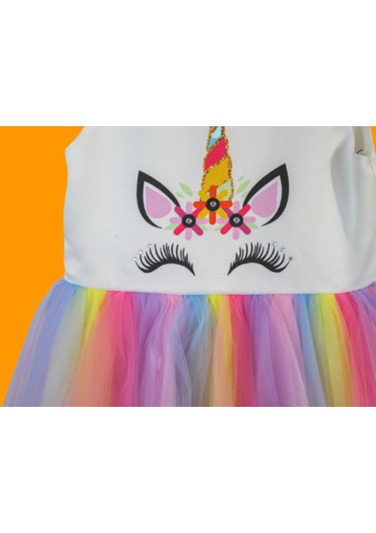 Kız Çocuk Abiye Unicorn Baskılı 11 Yaş Beyaz - Renkli