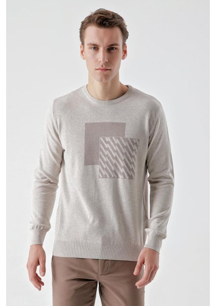 Slimfit Bisiklet Yaka Önü Desenli Pamuklu Erkek Triko Kazak