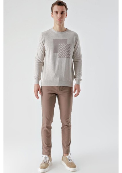 Slimfit Bisiklet Yaka Önü Desenli Pamuklu Erkek Triko Kazak fiyatları