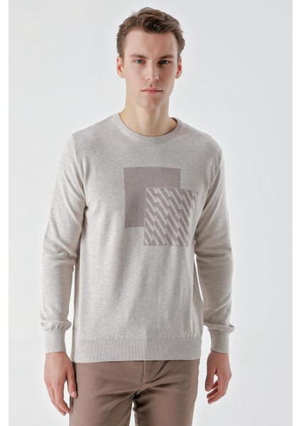 Slimfit Bisiklet Yaka Önü Desenli Pamuklu Erkek Triko Kazak modelleri