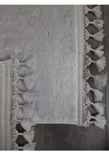 Elite Gri Ponpon Saçaklı Peluş 2'li Banyo Paspası Halısı Kaymaz Taban Klozet Takımı Püsküllü fiyatları