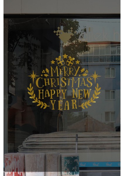 Yılbaşına Özel Zarif Şık Elegant Happy New Year Yazısı Özel Seri Tasarım Gold Renk Vitrin Stickerı