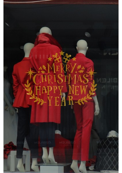 Yılbaşına Özel Zarif Şık Elegant Happy New Year Yazısı Özel Seri Tasarım Gold Renk Vitrin Stickerı