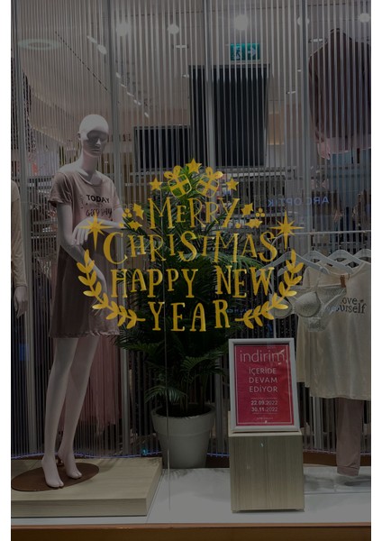 Yılbaşına Özel Zarif Şık Elegant Happy New Year Yazısı Özel Seri Tasarım Gold Renk Vitrin Stickerı