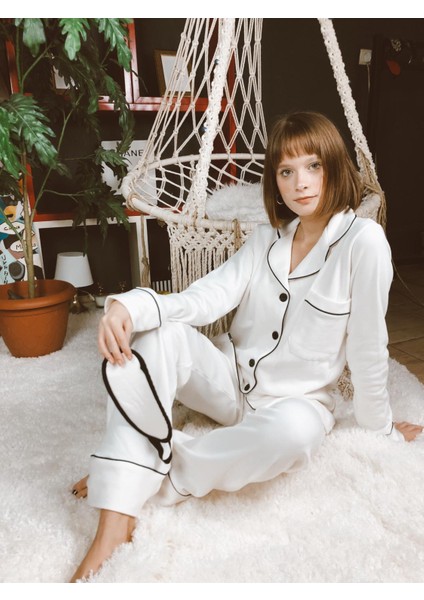 Kadın Ekru Beyaz Pamuklu Uzun Kollu Pijama Takımı