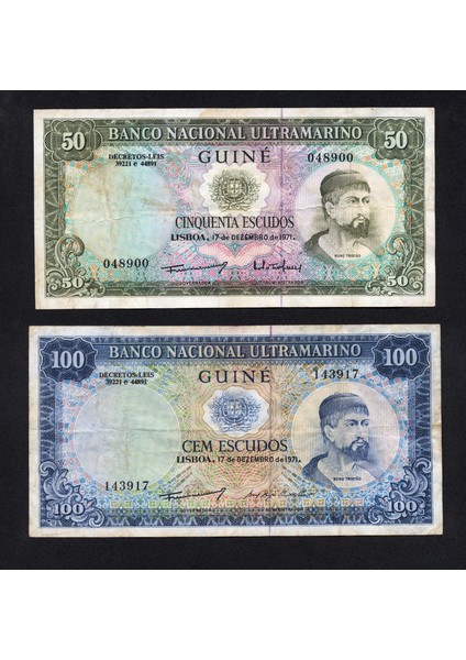 Guıne Banco Nacional Ultramarino 50 ve 100 Escudos Çoktemiz 2 Adet Banknot