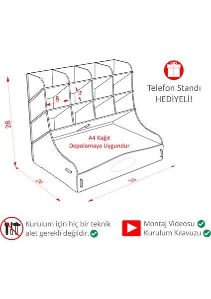 Chamber 12 Gözlü Büyük Boy Masaüstü Kalemlik Düzenleyici Çekmeceli Masaüstü Organizer A4 Evrak Rafı Ahşap Ofis Düzenleyici