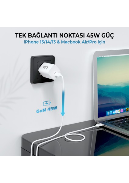 BX45G Gan Type-C Pd 45W Pps Mini Hızlı Şarj Cihazı iPhone Samsung Huawei iPad Uyumlu Beyaz