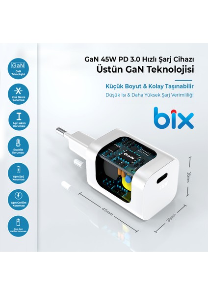 BX45G Gan Type-C Pd 45W Pps Mini Hızlı Şarj Cihazı iPhone Samsung Huawei iPad Uyumlu Beyaz