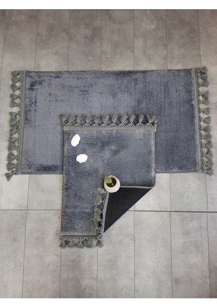 Elite Antrasit Ponpon Saçaklı Peluş 2'li Banyo Paspası Halısı Kaymaz Taban Klozet Takımı Püsküllü