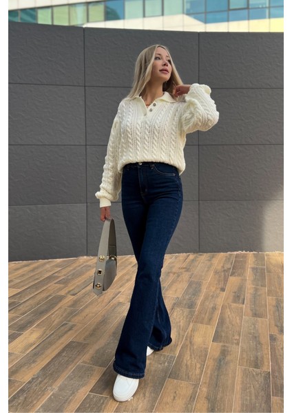 Defne Lacivert Ispanyol Paça Flare Jean Kadın Toparlayıcı Power Likra Toparlayıcı(Tam Kalıp)