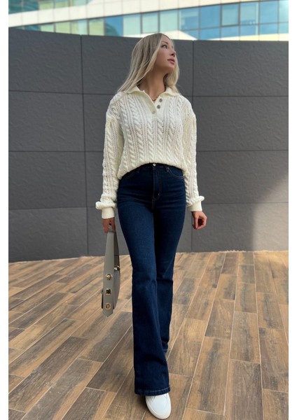 Defne Lacivert Ispanyol Paça Flare Jean Kadın Toparlayıcı Power Likra Toparlayıcı(Tam Kalıp) fiyatları