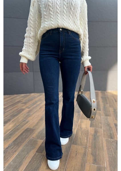 Defne Lacivert Ispanyol Paça Flare Jean Kadın Toparlayıcı Power Likra Toparlayıcı(Tam Kalıp) modelleri