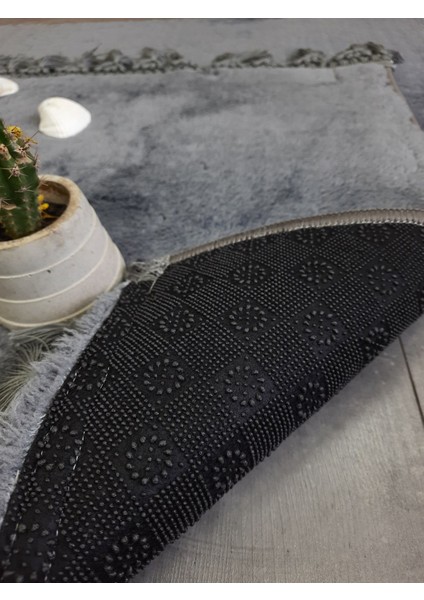 Elite Antrasit Ponpon Saçaklı Peluş 2'li Banyo Paspası Halısı Kaymaz Taban Klozet Takımı Püsküllü modelleri