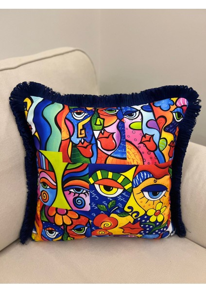 Tuğçe Demir Home Desıgn Renkli Yüzler Desen Dekoratif Kırlent İç Dolgulu 43X43