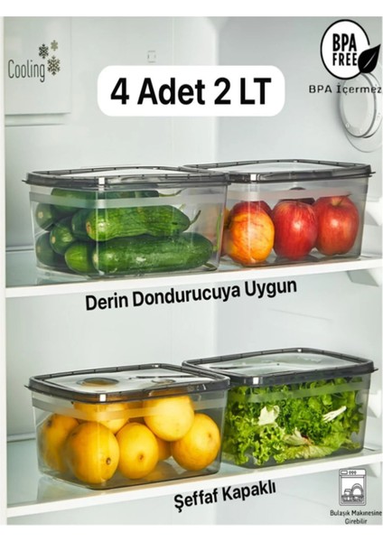 4 Adet Huge Füme 2 Lt Buzdolabı Saklama Kabı - Derin Dondurucuya Uygun Sebze Kutusu