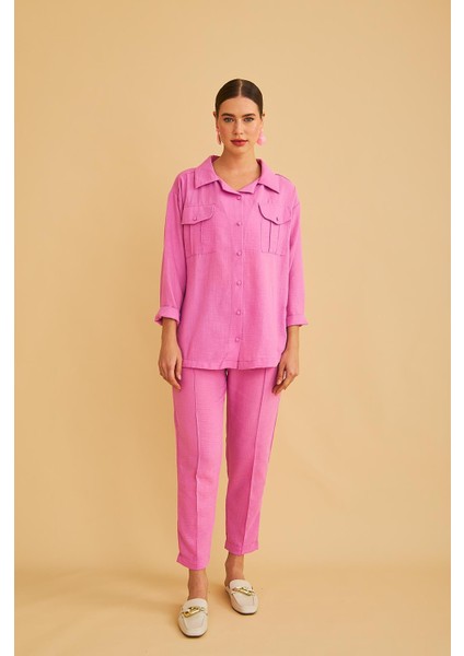 Raxy Cepli ve Nervürlü Keten Pembe Gömlek Pantolon Takım