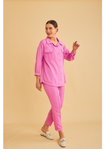 Raxy Cepli ve Nervürlü Keten Pembe Gömlek Pantolon Takım modelleri