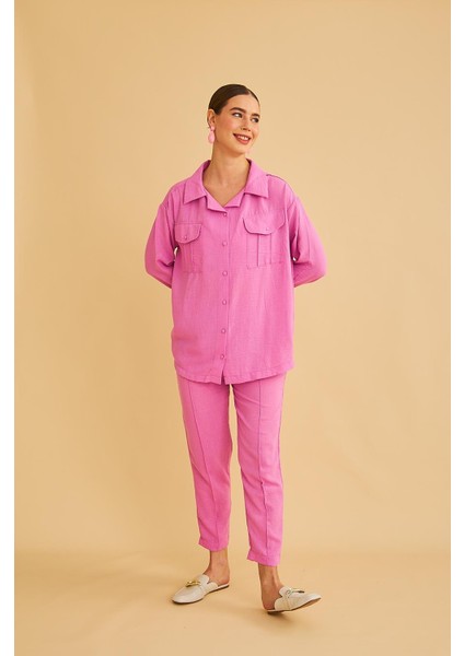 Raxy Cepli ve Nervürlü Keten Pembe Gömlek Pantolon Takım fırsatları
