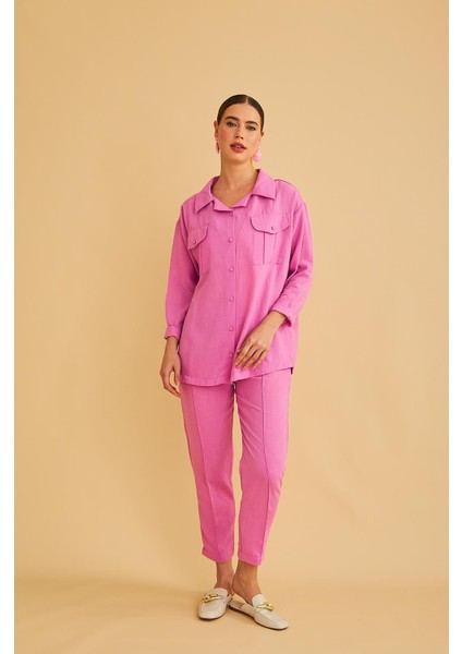 Raxy Cepli ve Nervürlü Keten Pembe Gömlek Pantolon Takım indirimleri