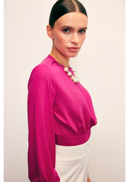Kolye Detaylı Crop Bluz - Fuşya indirimleri