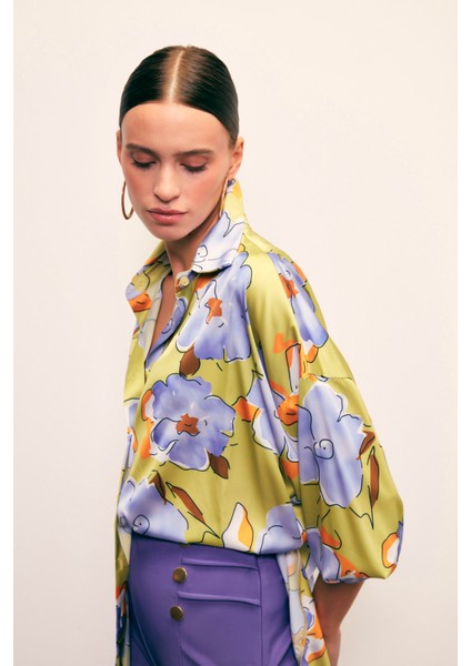 Çiçek Desenli Oversize Gömlek - Olive