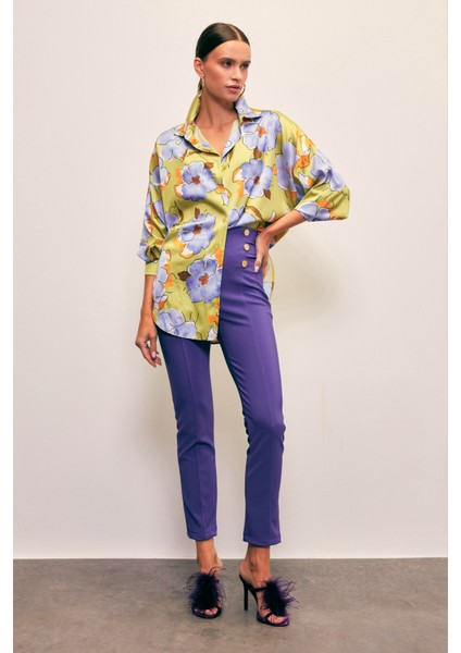Çiçek Desenli Oversize Gömlek - Olive